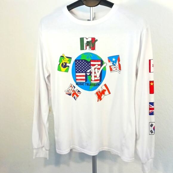 MTv WHITE T-shirt Mens Sz M Long Sleeve Unisex Colorful Retro Burnout Preppy VNT - Picture 1 of 5